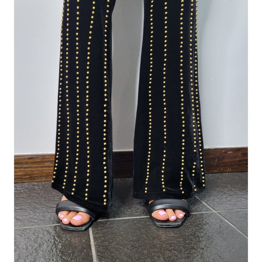 Vintage Y2K Pants Small‎ Black Velvet Gold Stud Stretch Pull On Flare Leg Goth - Picture 5 of 5
